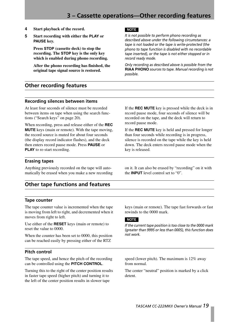 Other recording features, Recording silences between items, Erasing tapes | Other tape functions and features, Tape counter, Pitch control, Recording silences between items erasing tapes, Tape counter pitch control, 3 – cassette operations—other recording features | Tascam CC-222MKII User Manual | Page 19 / 40