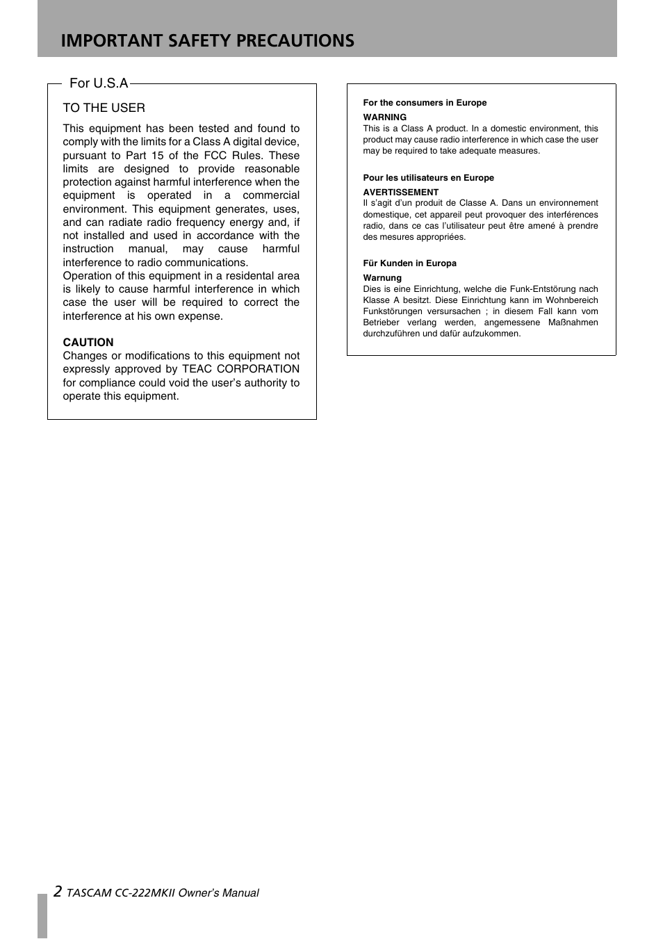 Important safety precautions | Tascam CC-222MKII User Manual | Page 2 / 40