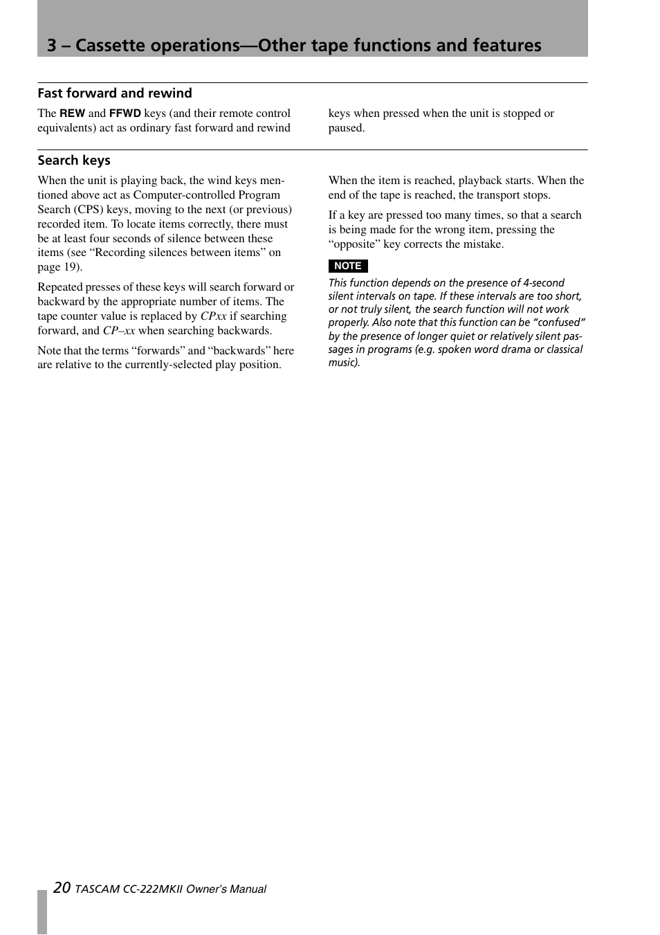 Fast forward and rewind, Search keys, Fast forward and rewind search keys | Tascam CC-222MKII User Manual | Page 20 / 40