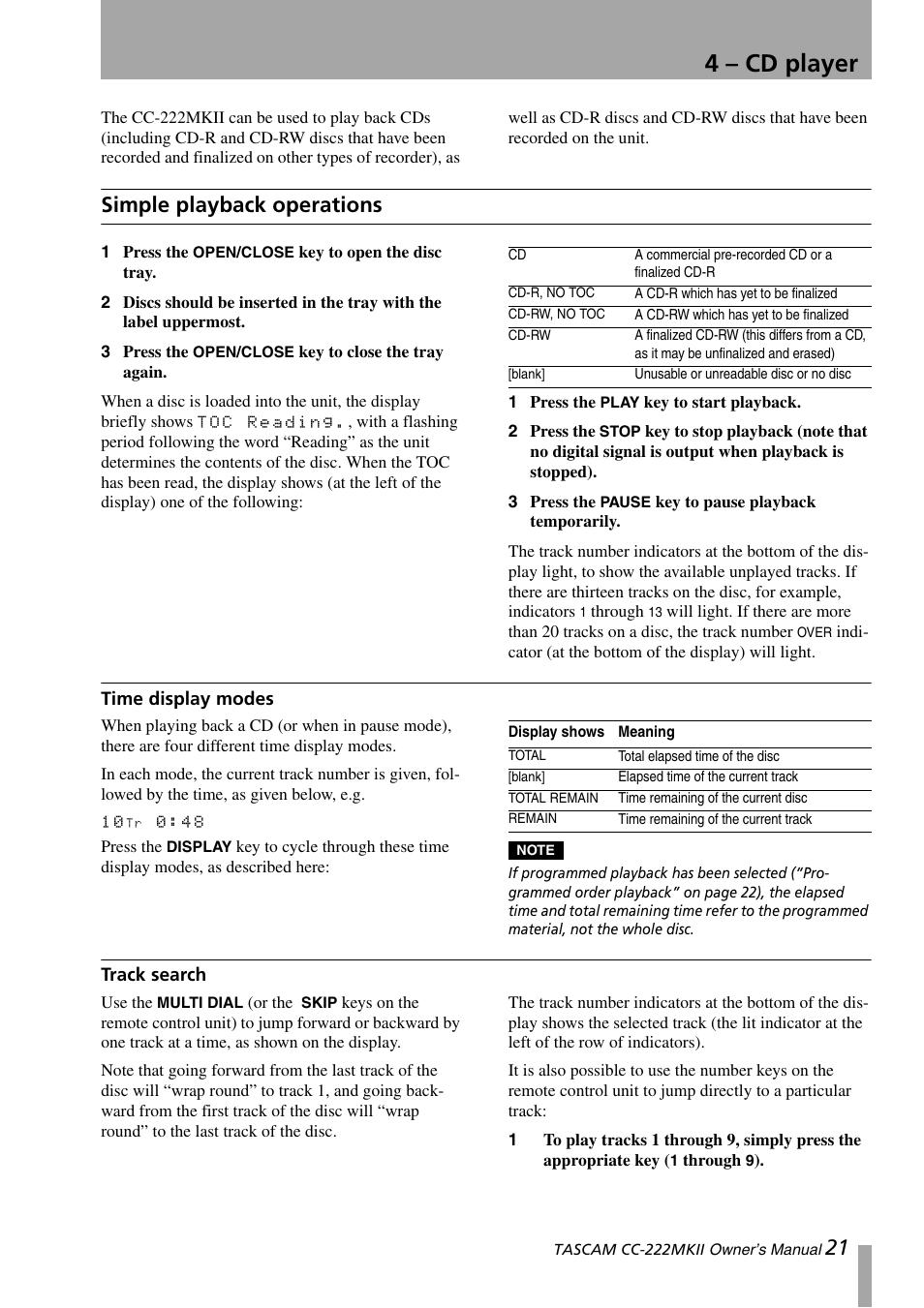 4 - cd player, Simple playback operations, Time display modes | Track search, 4 – cd player, Time display modes track search, 4, “cd player | Tascam CC-222MKII User Manual | Page 21 / 40