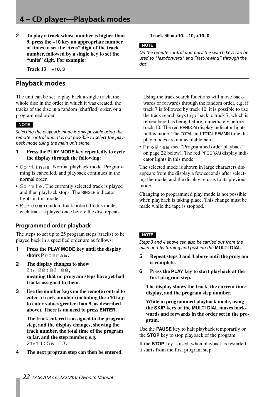 Playback modes, Programmed order playback, 4 – cd player—playback modes | Tascam CC-222MKII User Manual | Page 22 / 40