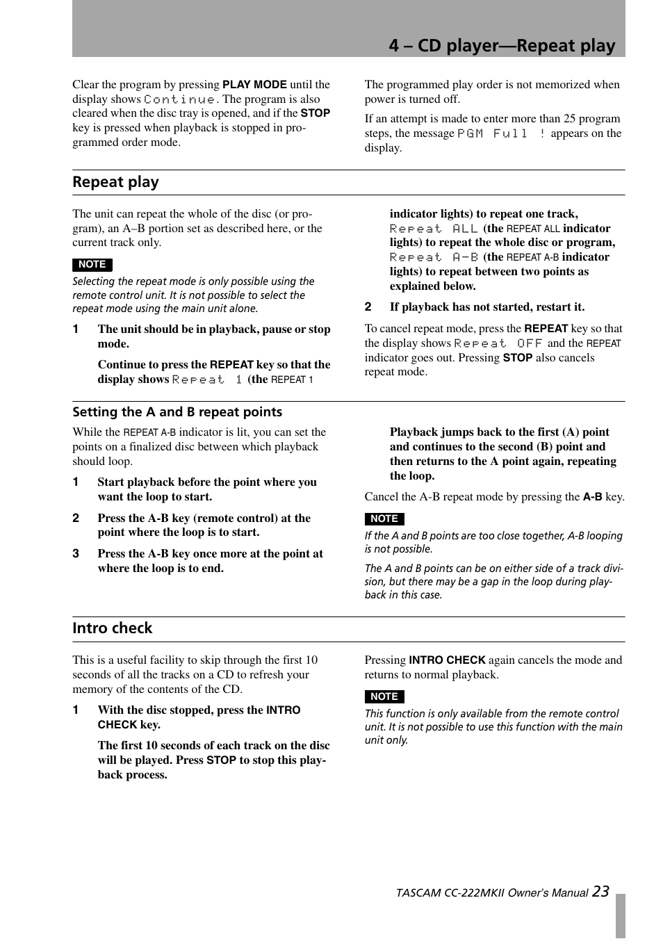 Repeat play, Setting the a and b repeat points, Intro check | 4 – cd player—repeat play | Tascam CC-222MKII User Manual | Page 23 / 40