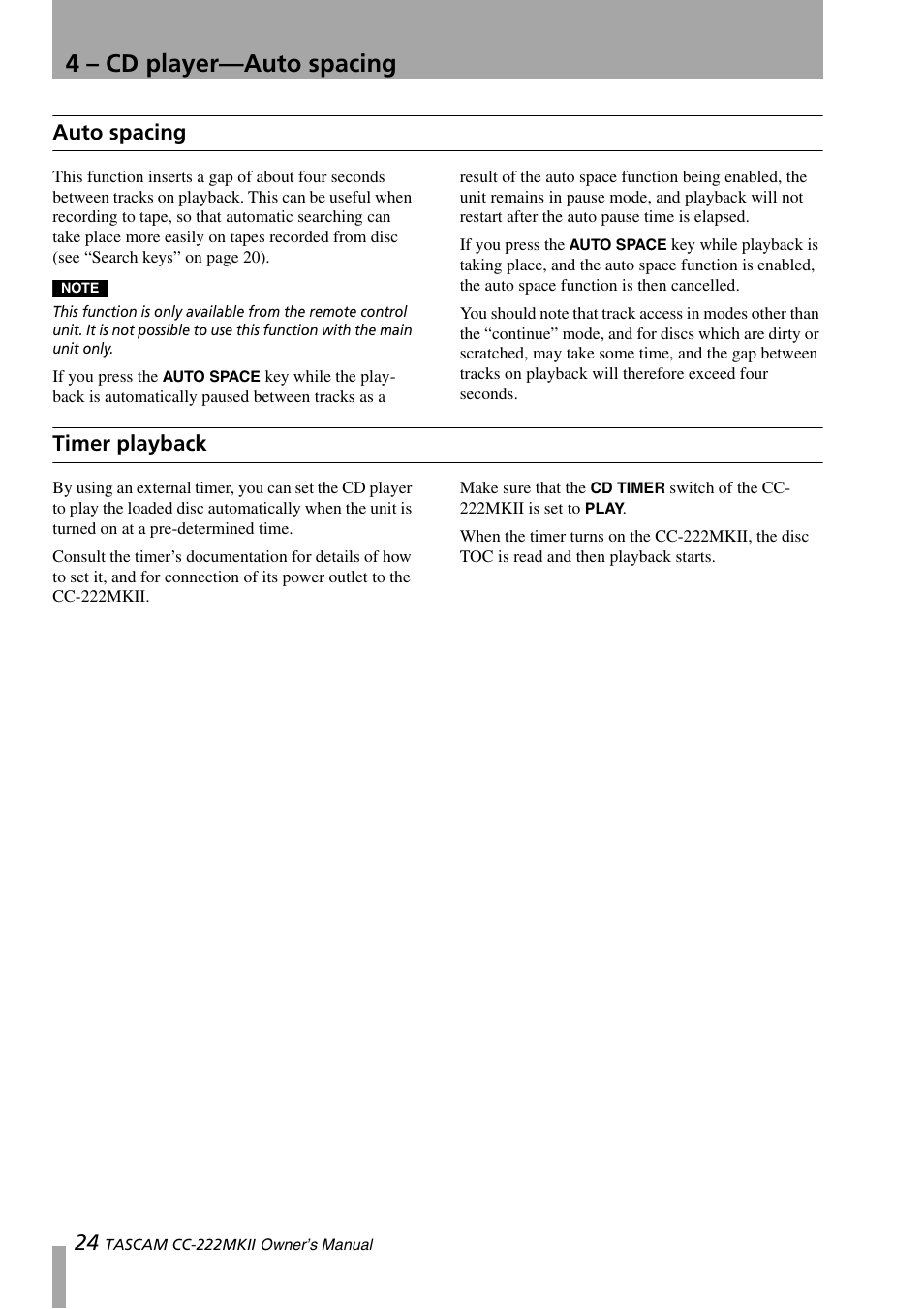 Auto spacing, Timer playback, Auto spacing timer playback | 4 – cd player—auto spacing | Tascam CC-222MKII User Manual | Page 24 / 40