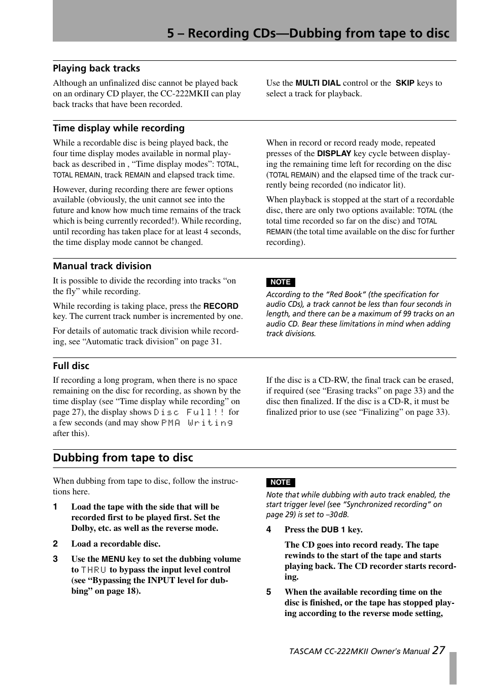 Playing back tracks, Time display while recording, Manual track division | Full disc, Dubbing from tape to disc, 5 – recording cds—dubbing from tape to disc | Tascam CC-222MKII User Manual | Page 27 / 40