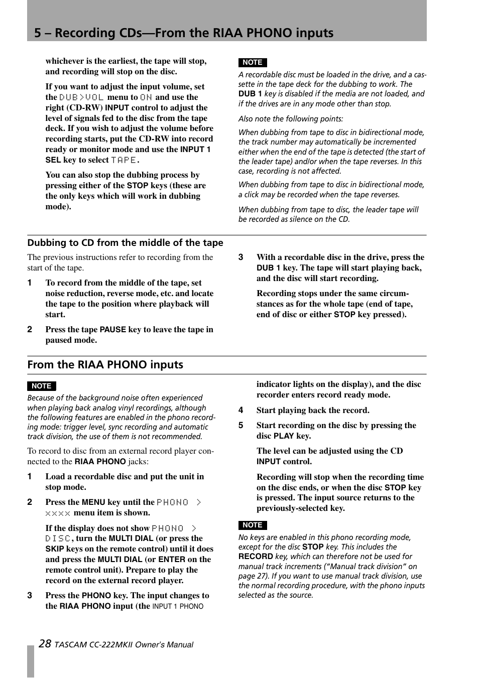 Dubbing to cd from the middle of the tape, From the riaa phono inputs, 5 – recording cds—from the riaa phono inputs | Tascam CC-222MKII User Manual | Page 28 / 40