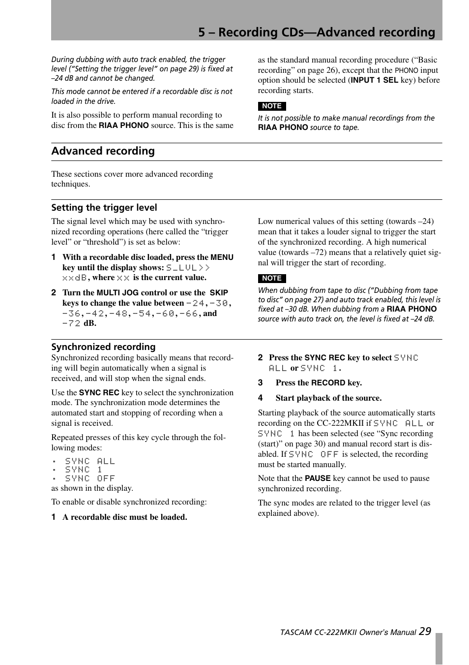 Advanced recording, Setting the trigger level, Synchronized recording | Setting the trigger level synchronized recording, 5 – recording cds—advanced recording | Tascam CC-222MKII User Manual | Page 29 / 40