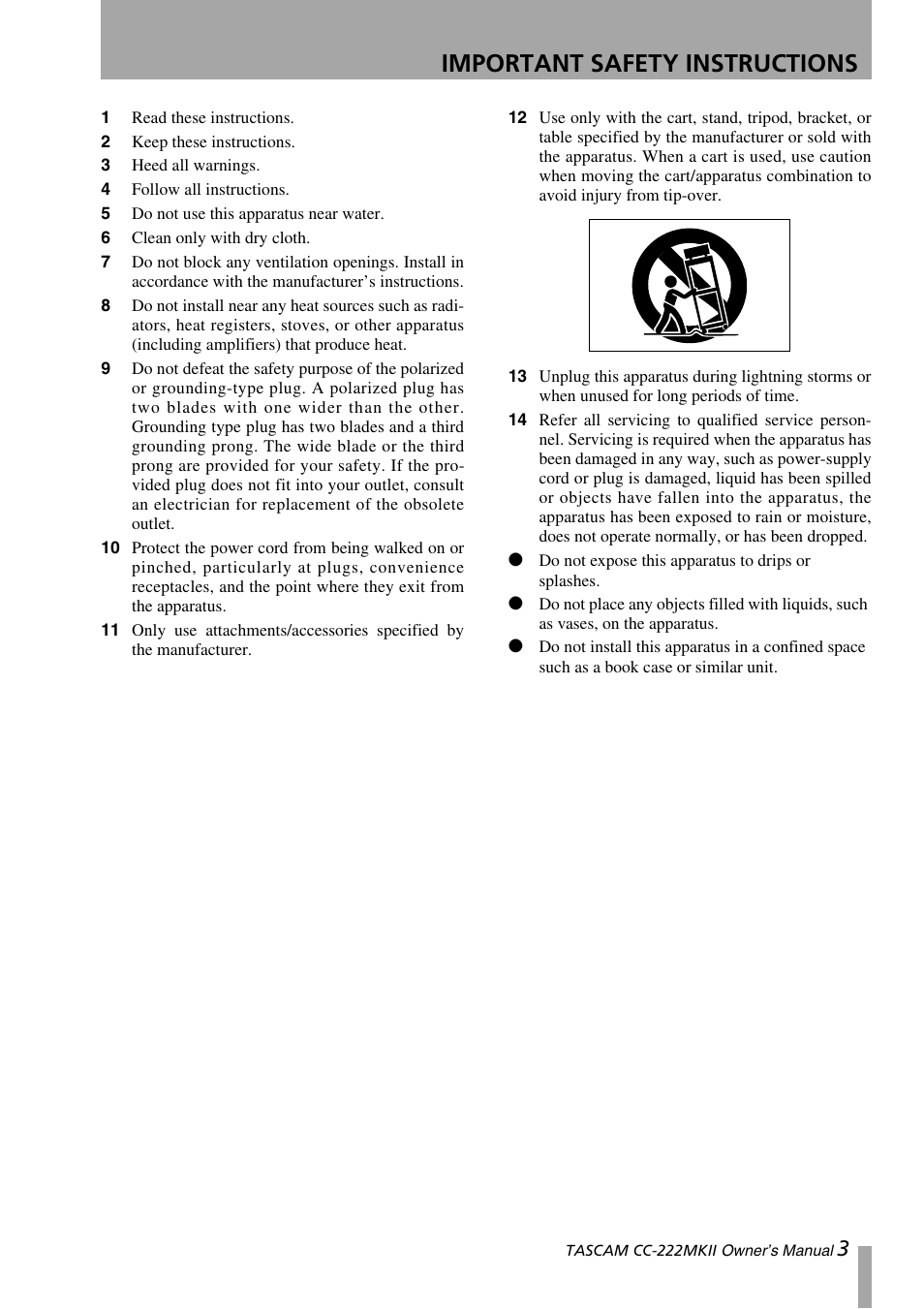 Important safety instructions | Tascam CC-222MKII User Manual | Page 3 / 40