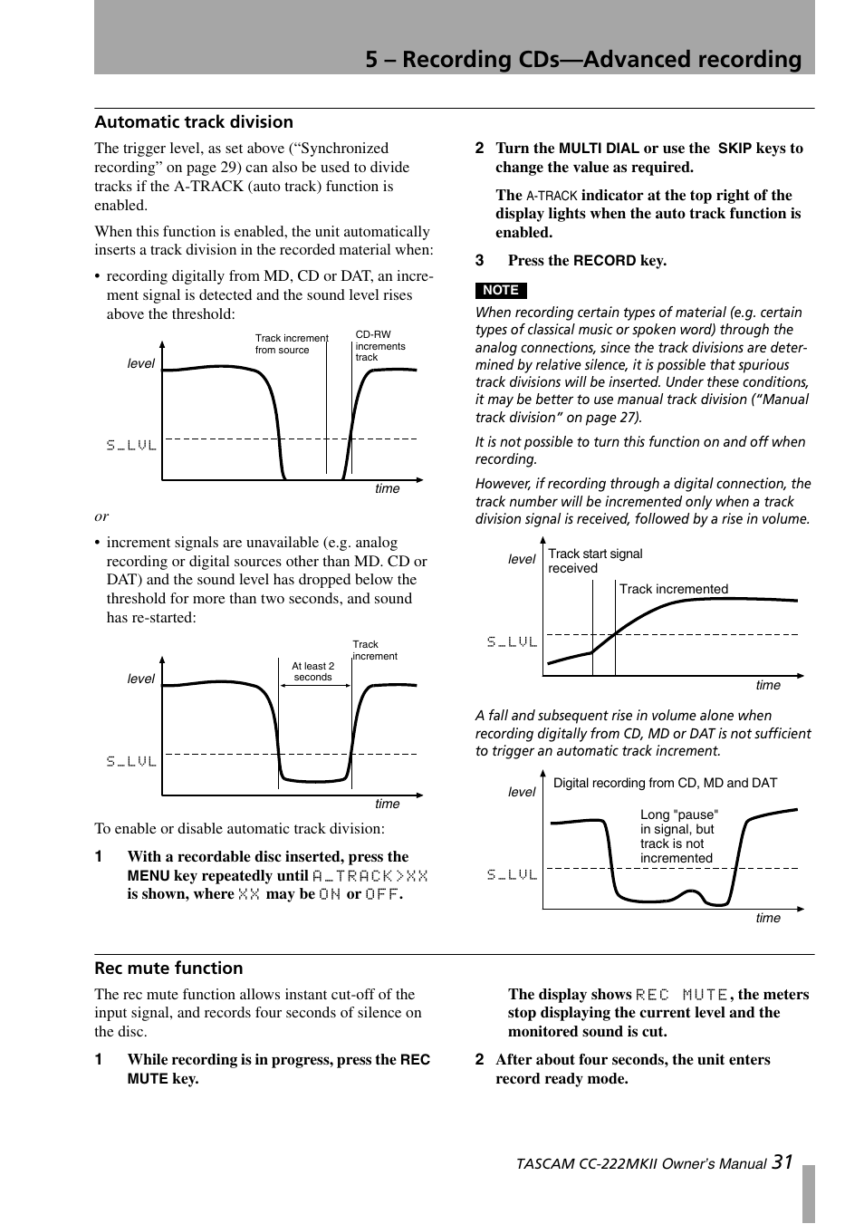 Automatic track division, Rec mute function, Automatic track division rec mute function | 5 – recording cds—advanced recording | Tascam CC-222MKII User Manual | Page 31 / 40