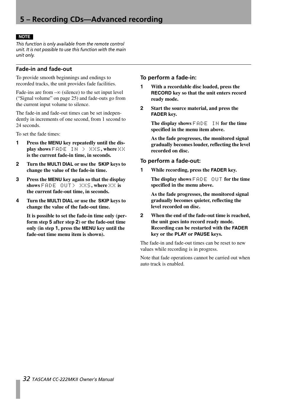 Fade-in and fade-out, To perform a fade-in, To perform a fade-out | To perform a fade-in: to perform a fade-out, 5 – recording cds—advanced recording | Tascam CC-222MKII User Manual | Page 32 / 40