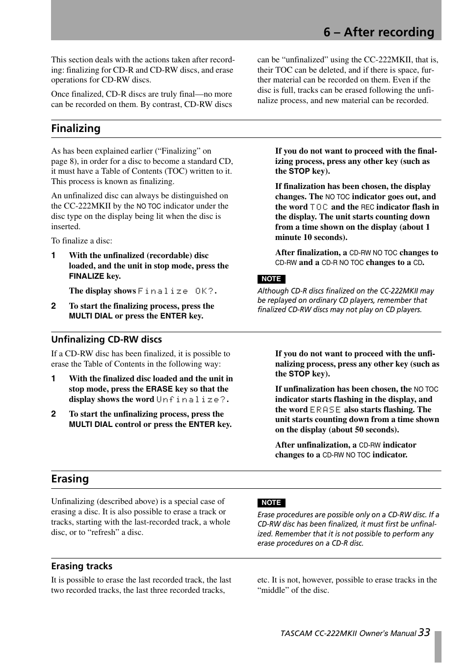 6 - after recording, Finalizing, Unfinalizing cd-rw discs | Erasing, Erasing tracks, 6 – after recording, 6, “after recording | Tascam CC-222MKII User Manual | Page 33 / 40