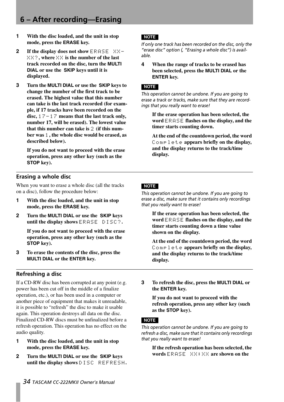Erasing a whole disc, Refreshing a disc, Erasing a whole disc refreshing a disc | 6 – after recording—erasing | Tascam CC-222MKII User Manual | Page 34 / 40