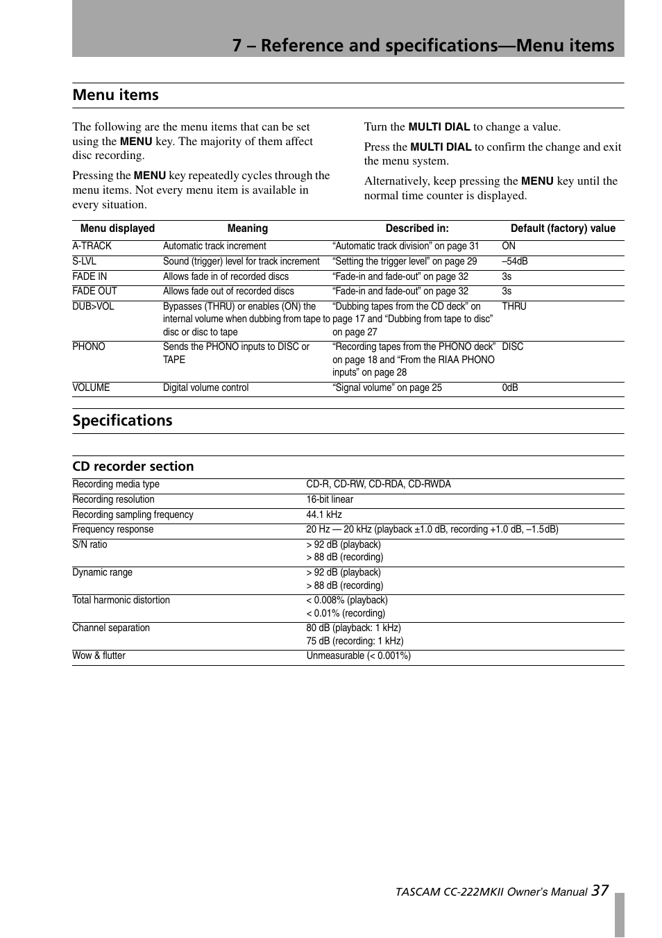 Menu items, Specifications, Cd recorder section | Menu items specifications, 7 – reference and specifications—menu items, 37 menu items | Tascam CC-222MKII User Manual | Page 37 / 40