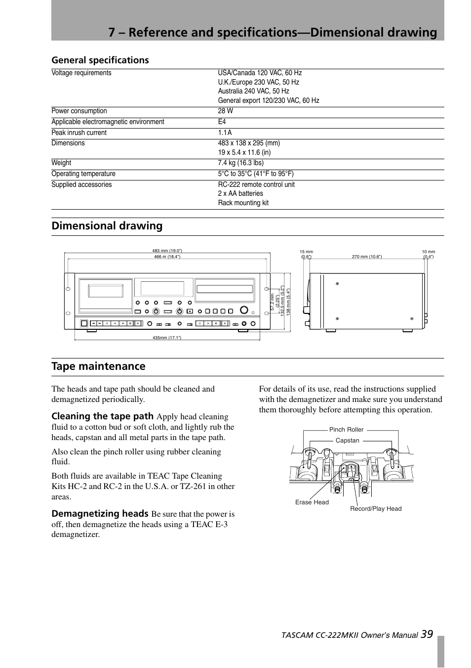 Dimensional drawing, Tape maintenance, Cleaning the tape path | Demagnetizing heads, Dimensional drawing tape maintenance, Cleaning the tape path demagnetizing heads, General specifications | Tascam CC-222MKII User Manual | Page 39 / 40