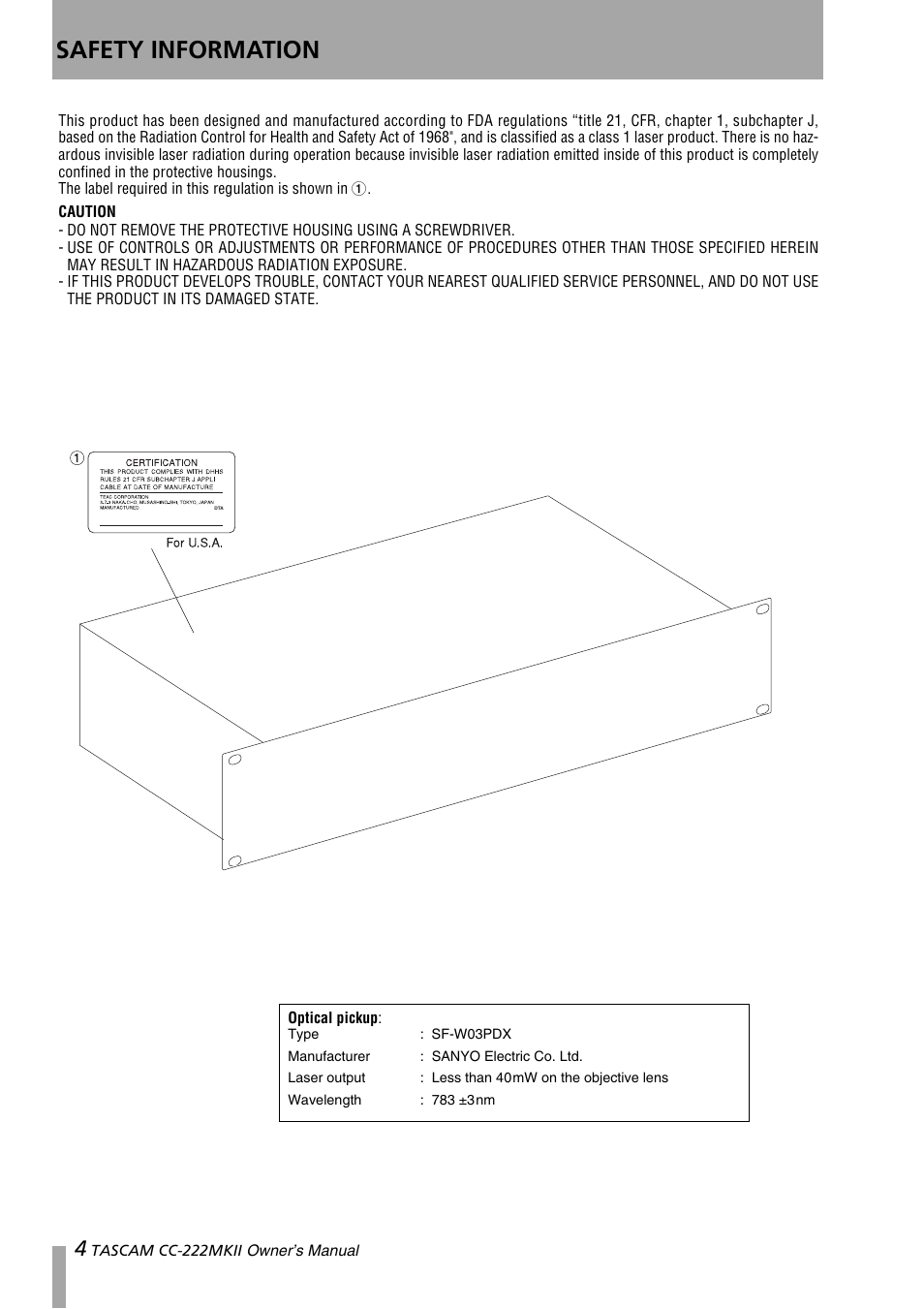 Safety information | Tascam CC-222MKII User Manual | Page 4 / 40