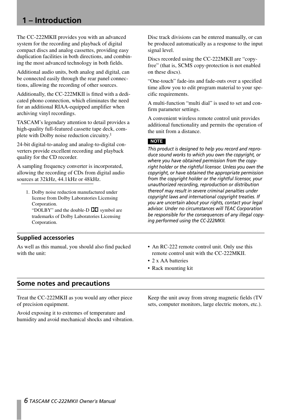 1 - introduction, Supplied accessories, Some notes and precautions | 1 – introduction | Tascam CC-222MKII User Manual | Page 6 / 40