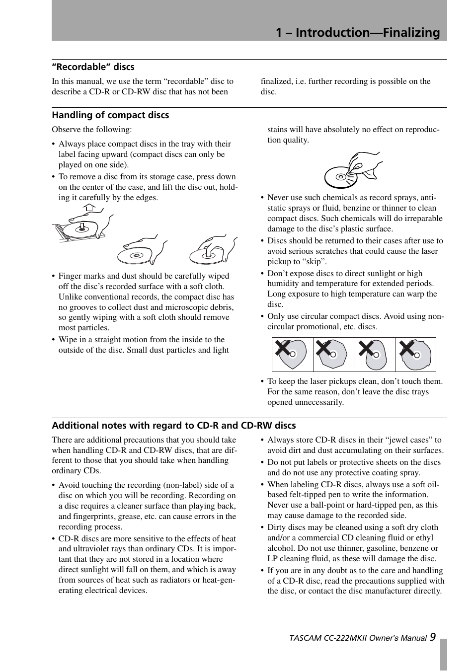 Recordable” discs, Handling of compact discs, Cd-rw discs | 1 – introduction—finalizing | Tascam CC-222MKII User Manual | Page 9 / 40