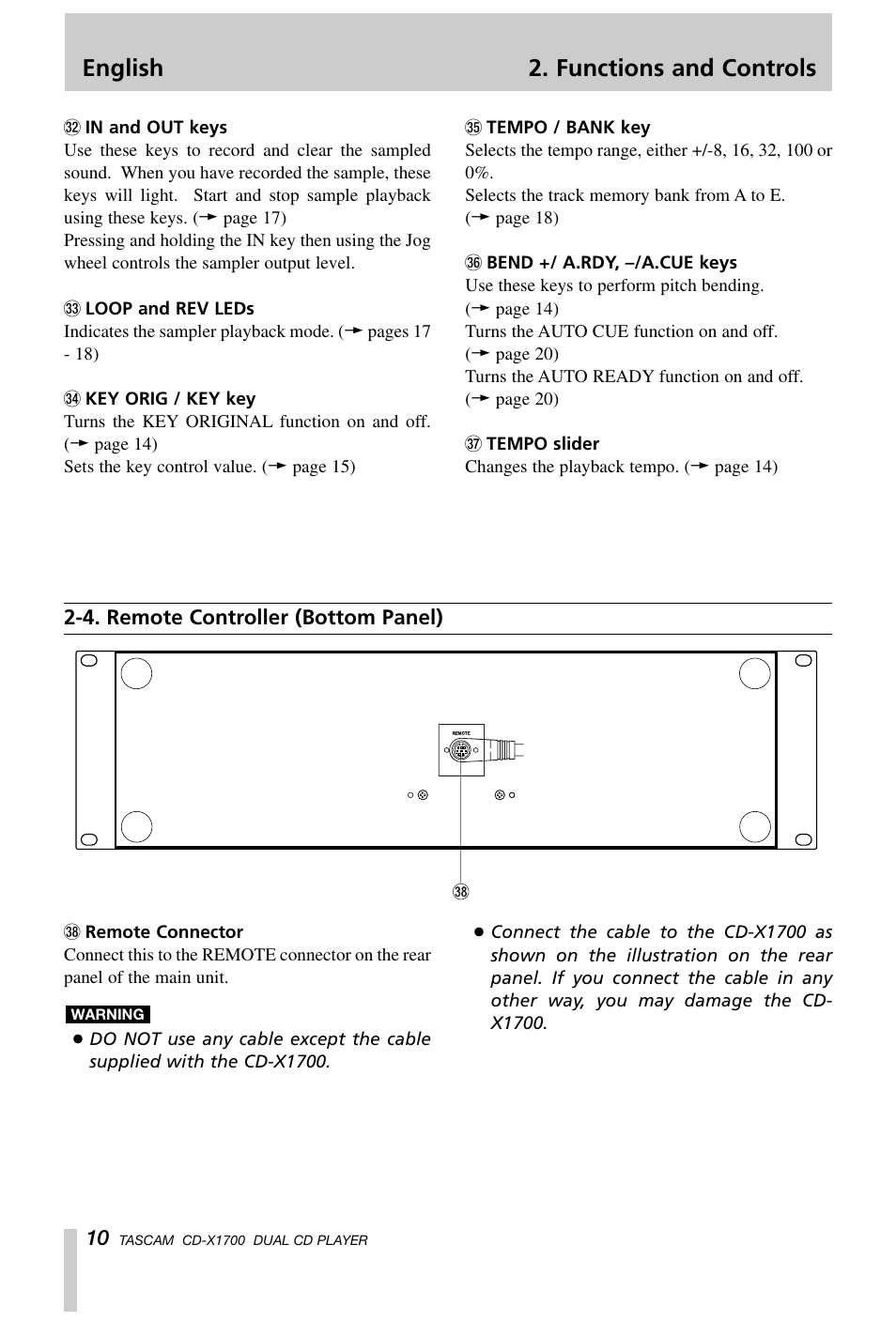 English 2. functions and controls | Tascam CD-X1700 User Manual | Page 10 / 48