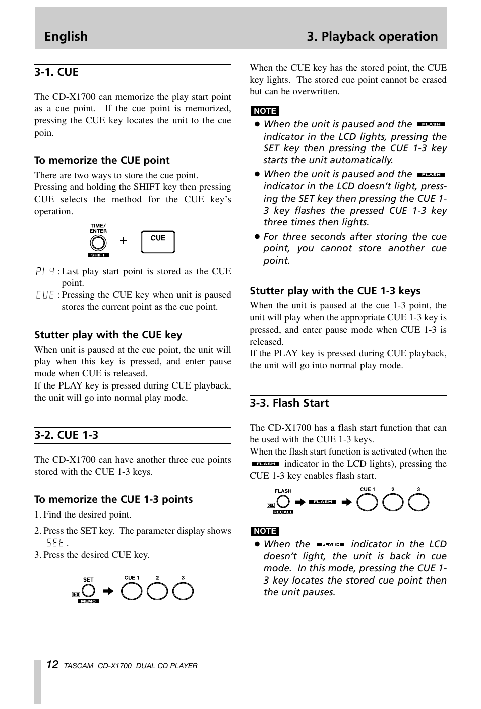 English 3. playback operation | Tascam CD-X1700 User Manual | Page 12 / 48
