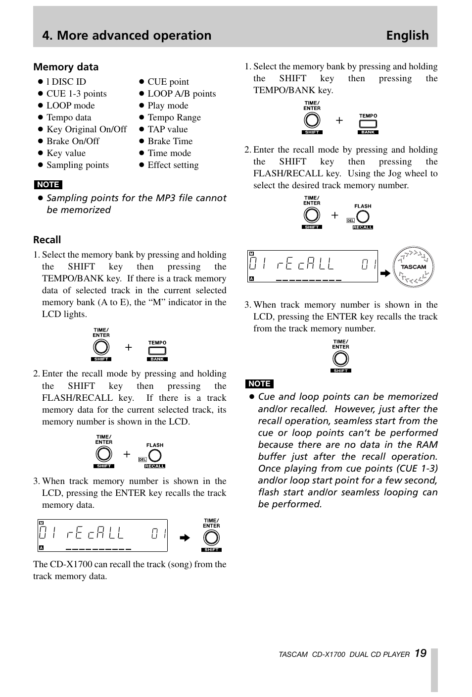 More advanced operation english | Tascam CD-X1700 User Manual | Page 19 / 48