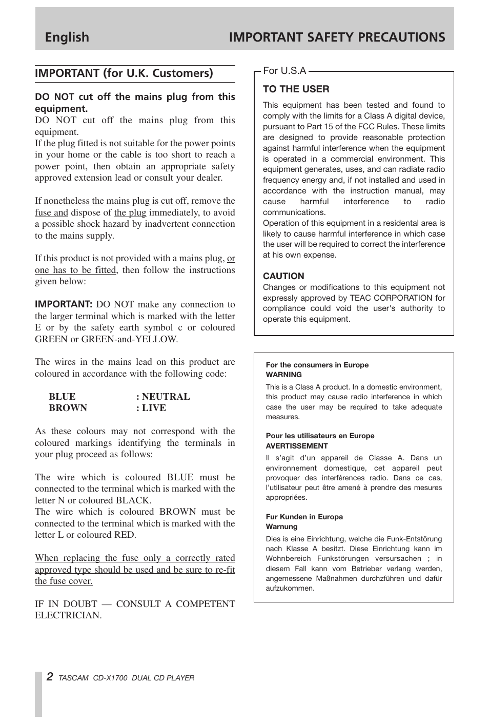 English important safety precautions, Important (for u.k. customers) | Tascam CD-X1700 User Manual | Page 2 / 48