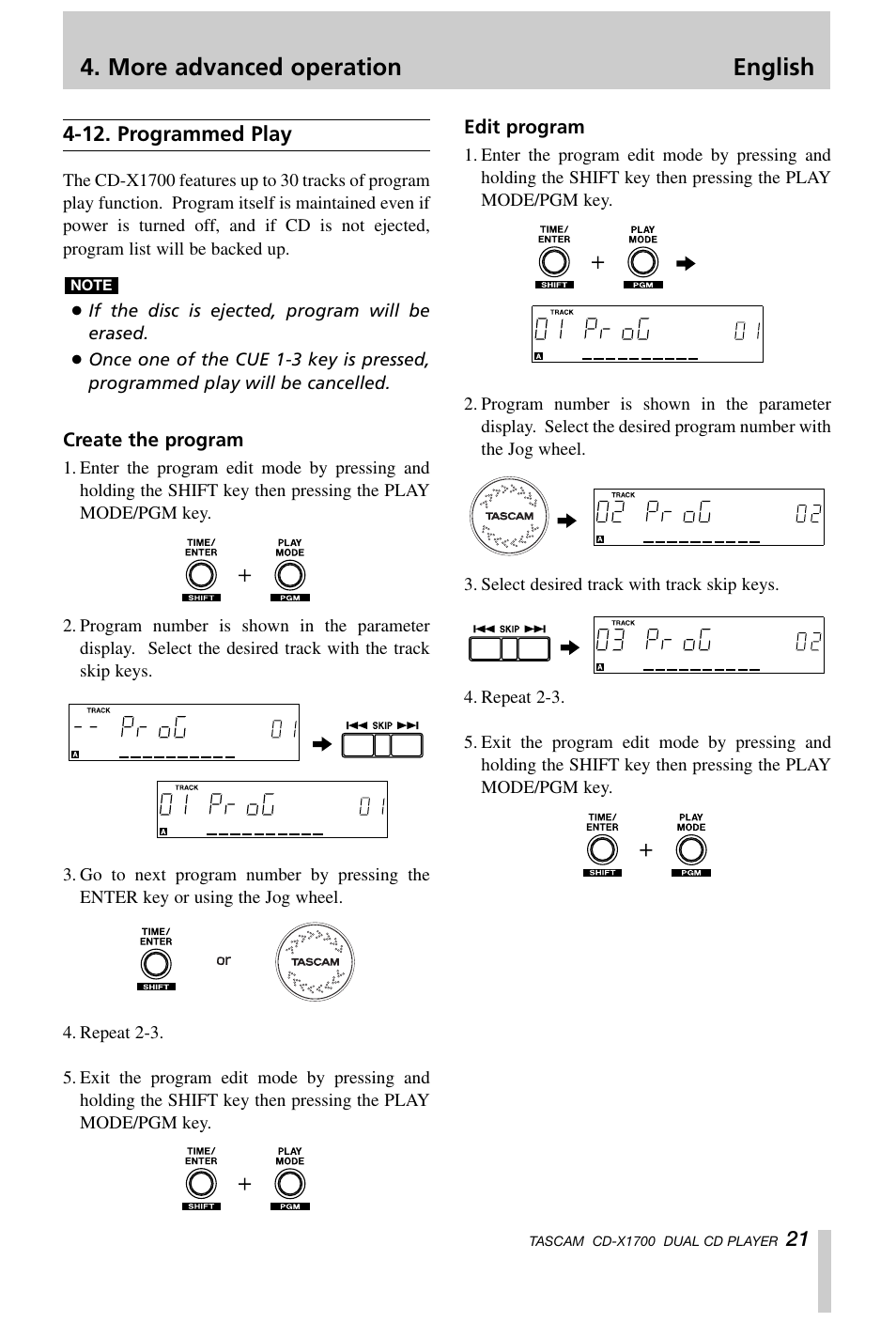 More advanced operation english | Tascam CD-X1700 User Manual | Page 21 / 48