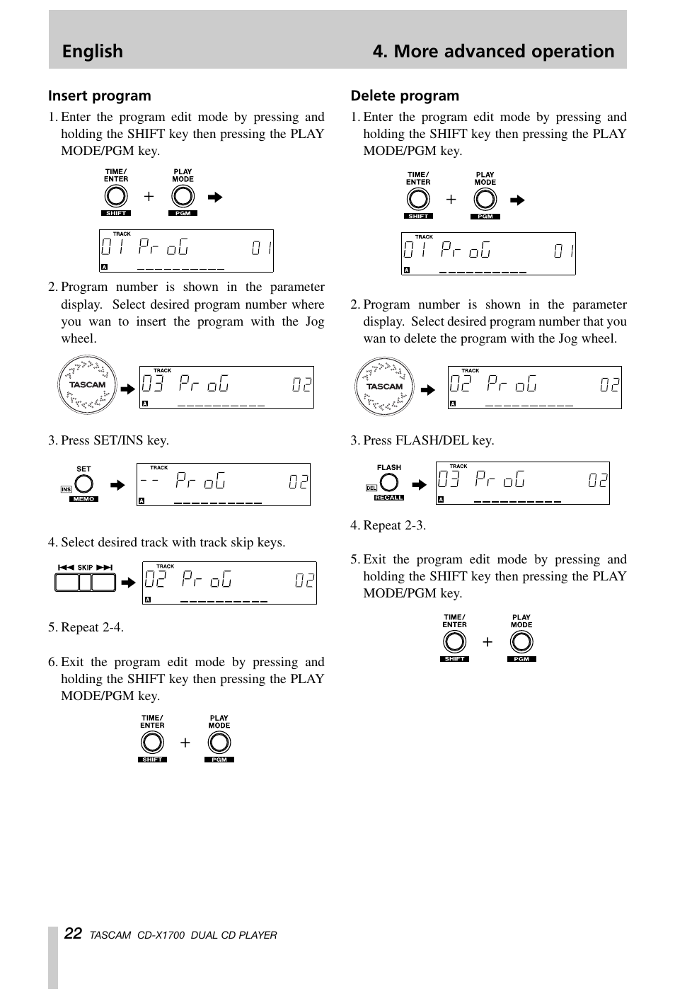 English 4. more advanced operation | Tascam CD-X1700 User Manual | Page 22 / 48