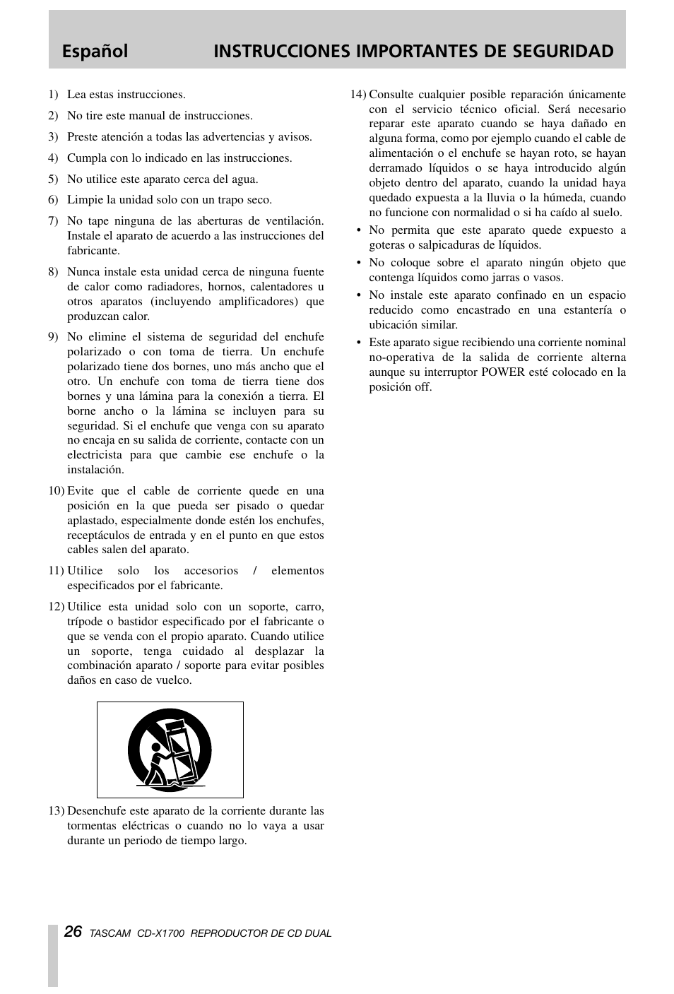 Español instrucciones importantes de seguridad | Tascam CD-X1700 User Manual | Page 26 / 48