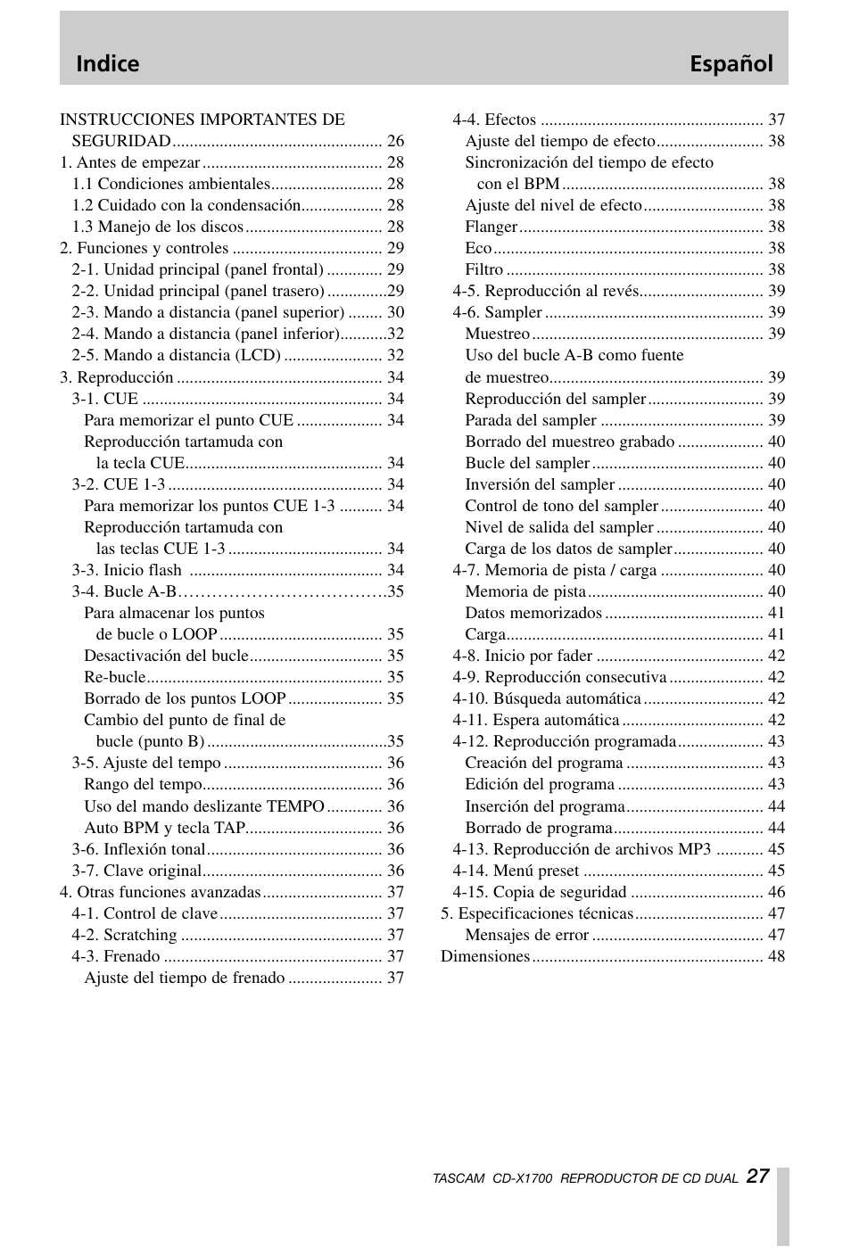 Indice español | Tascam CD-X1700 User Manual | Page 27 / 48