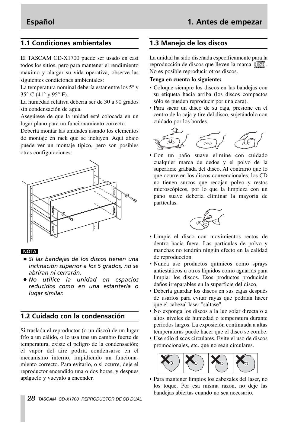 Español 1. antes de empezar | Tascam CD-X1700 User Manual | Page 28 / 48
