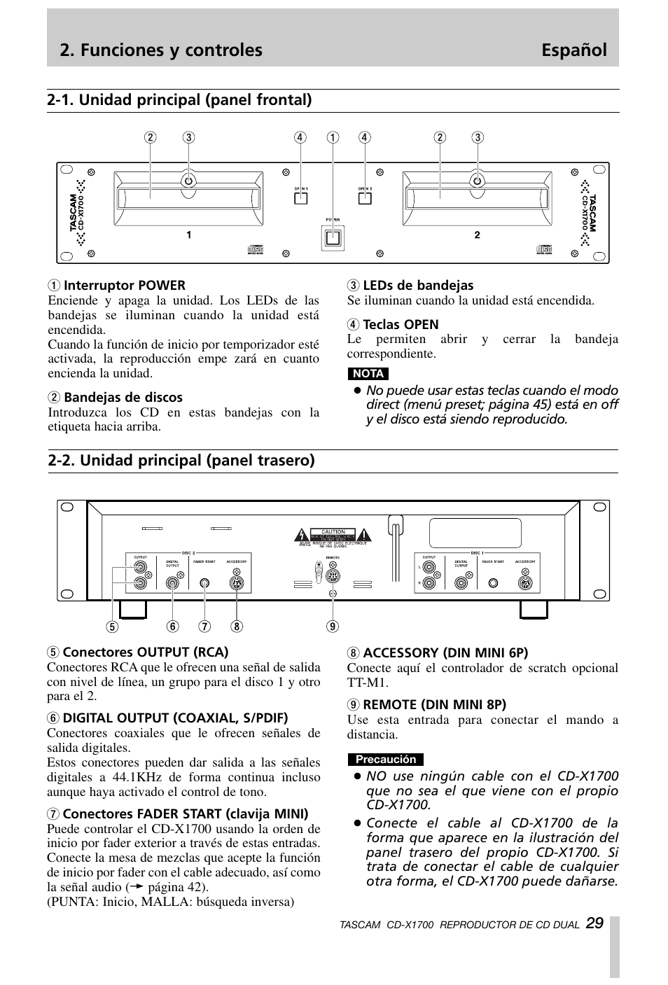 Funciones y controles español | Tascam CD-X1700 User Manual | Page 29 / 48