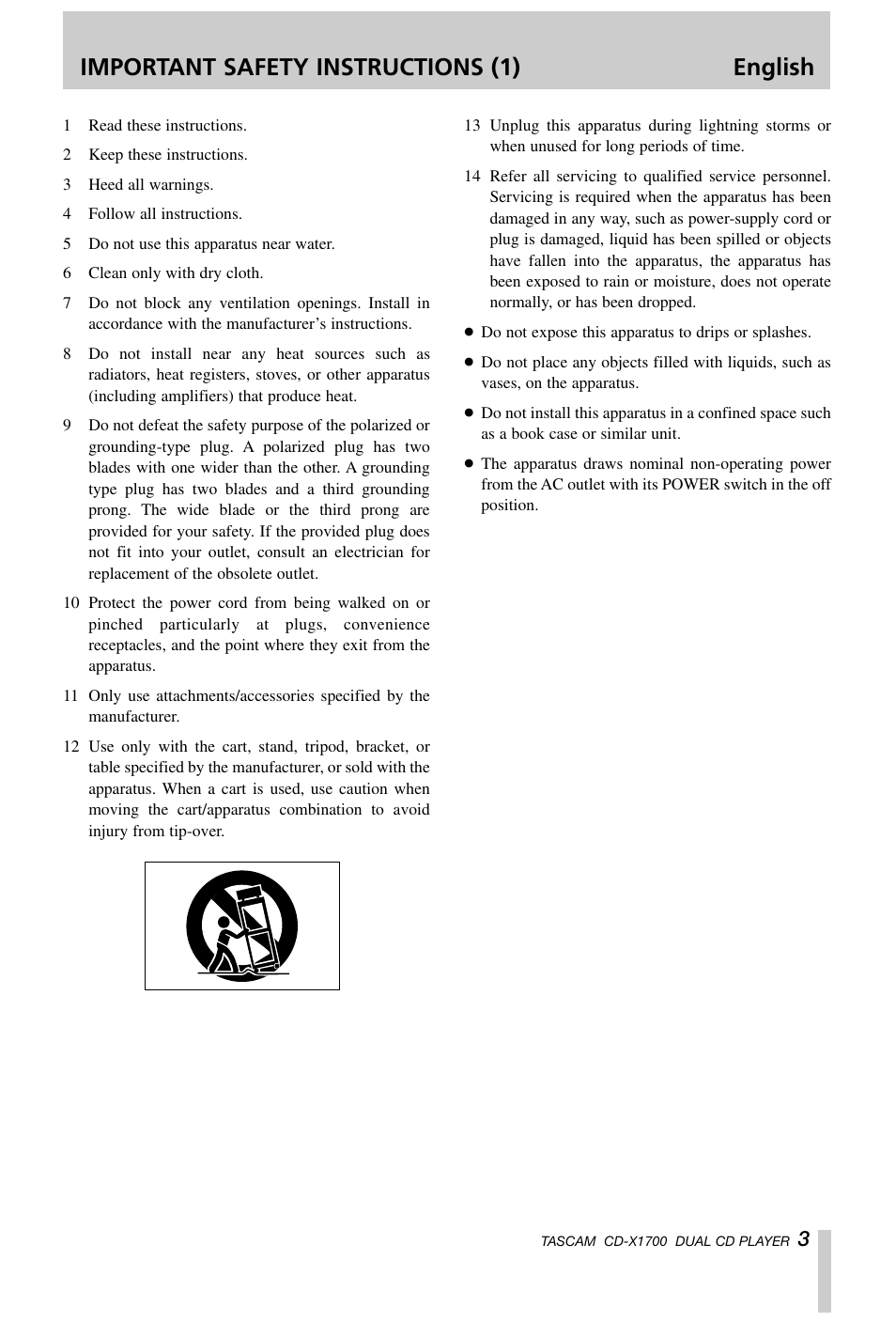 Important safety instructions (1) english | Tascam CD-X1700 User Manual | Page 3 / 48