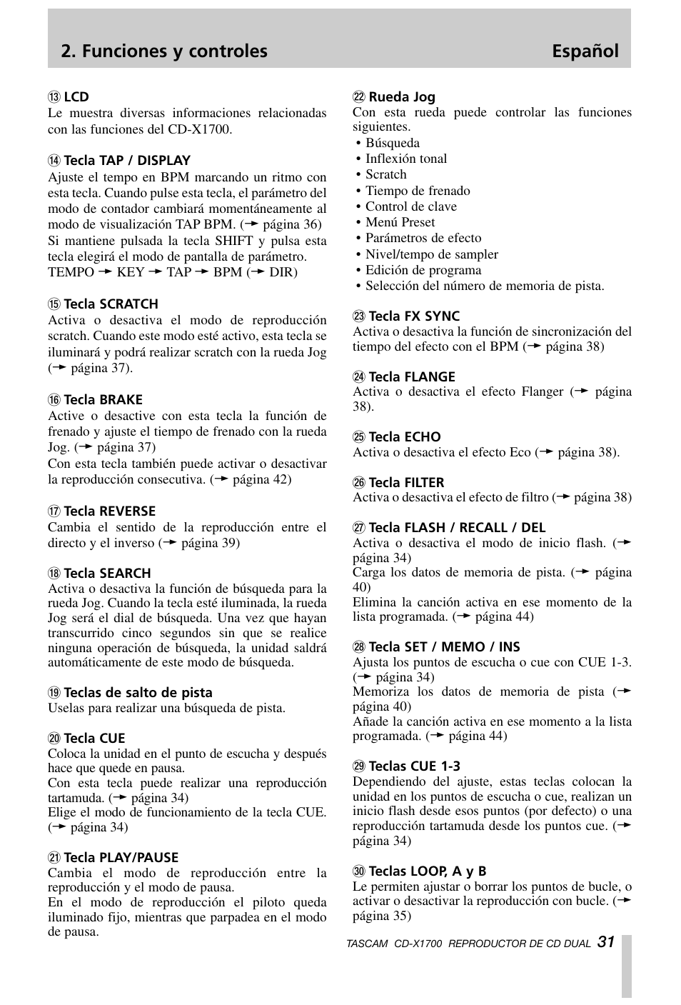 Funciones y controles español | Tascam CD-X1700 User Manual | Page 31 / 48