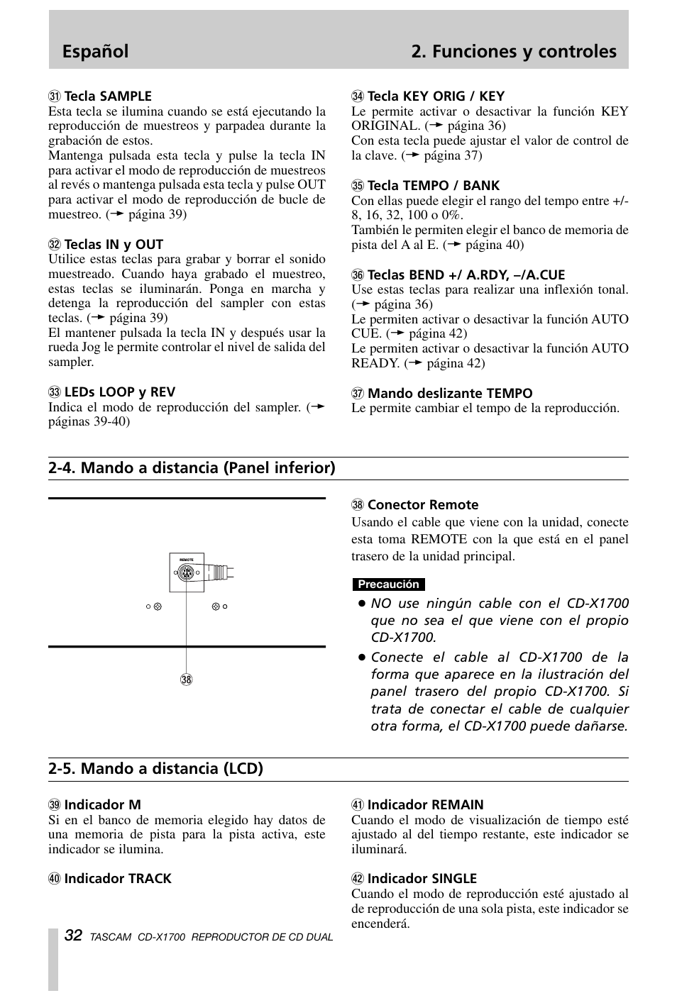 Español 2. funciones y controles | Tascam CD-X1700 User Manual | Page 32 / 48