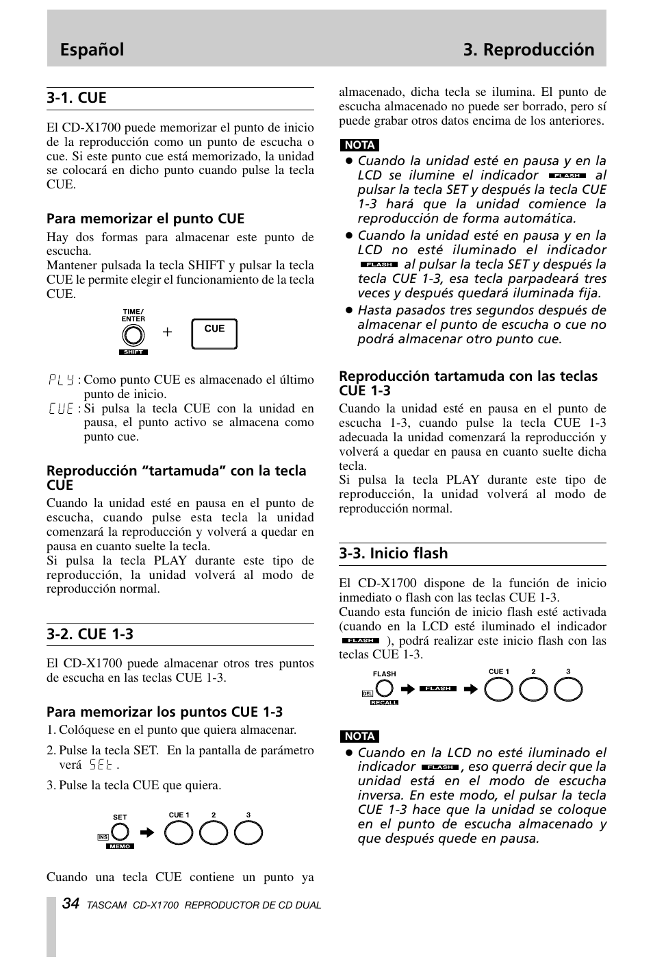 Español 3. reproducción | Tascam CD-X1700 User Manual | Page 34 / 48