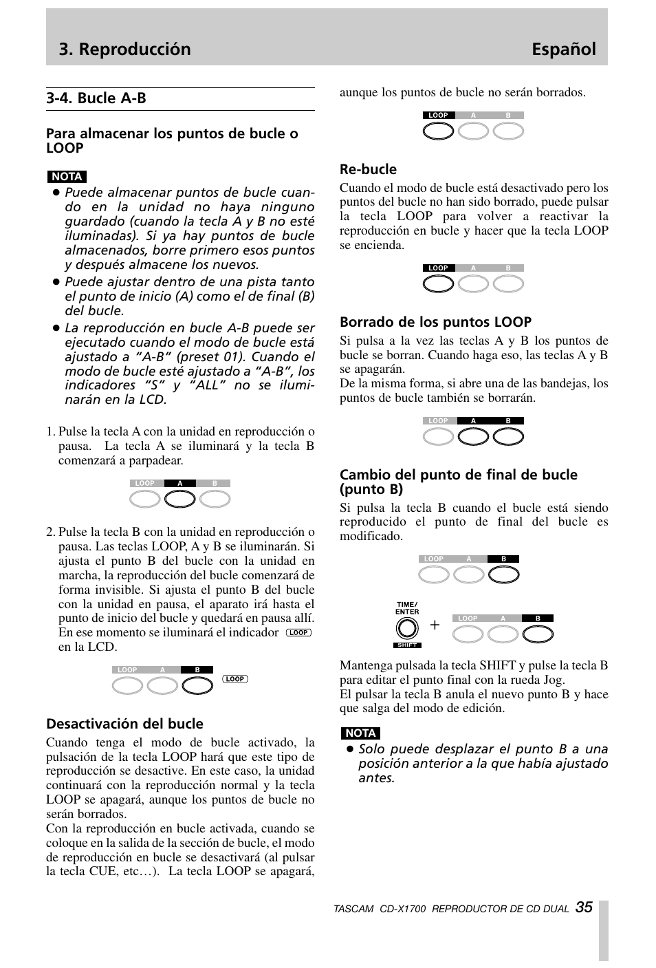 Reproducción español | Tascam CD-X1700 User Manual | Page 35 / 48