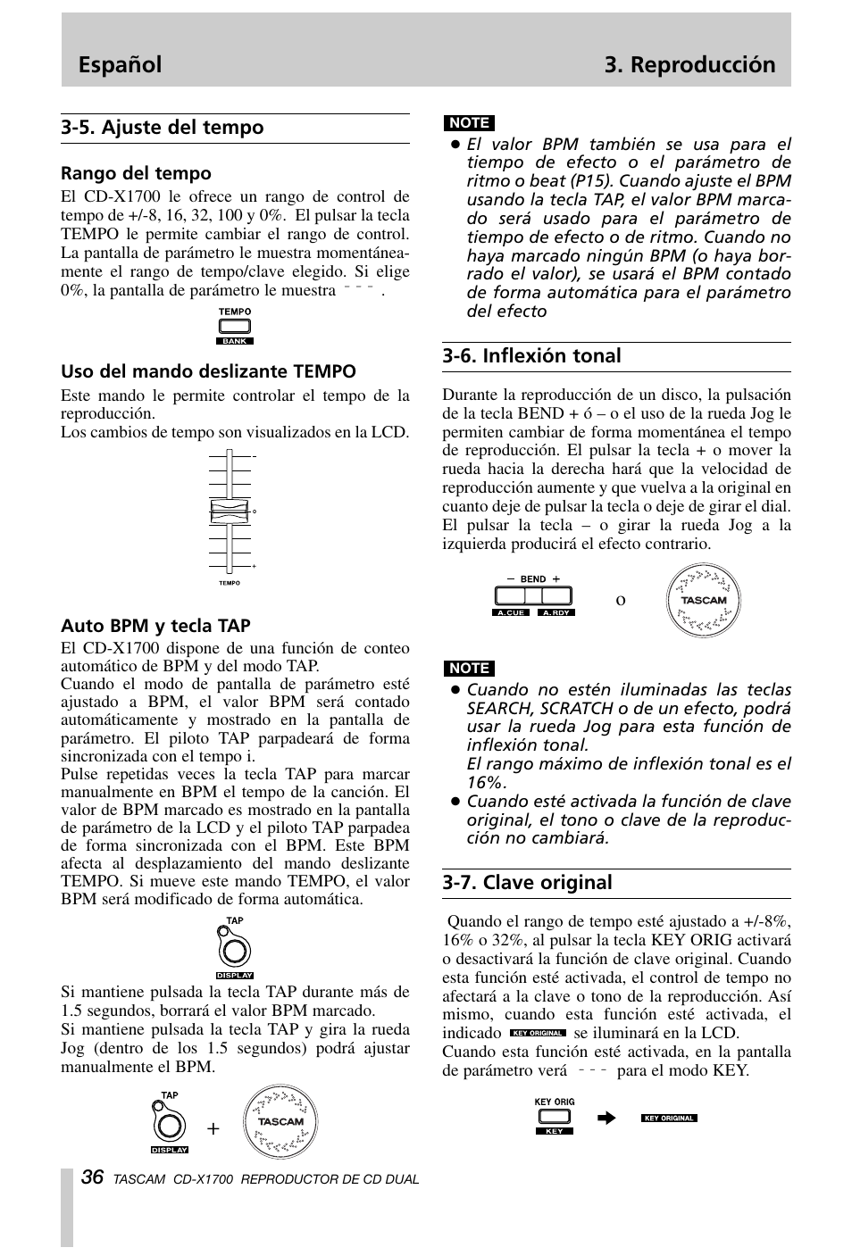 Español 3. reproducción | Tascam CD-X1700 User Manual | Page 36 / 48