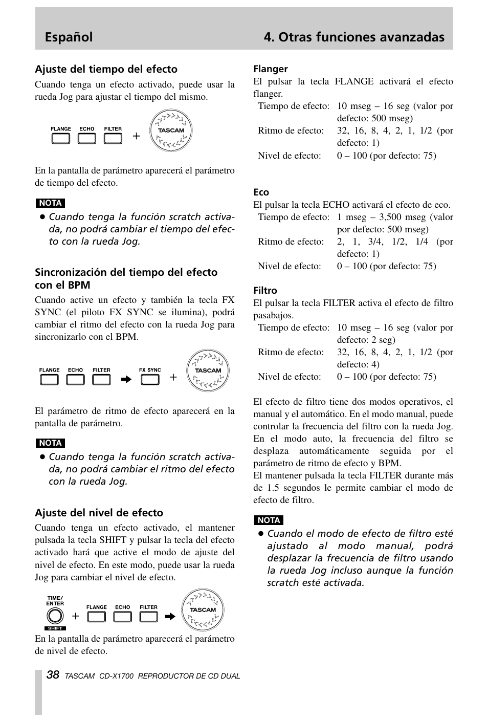 Español 4. otras funciones avanzadas | Tascam CD-X1700 User Manual | Page 38 / 48