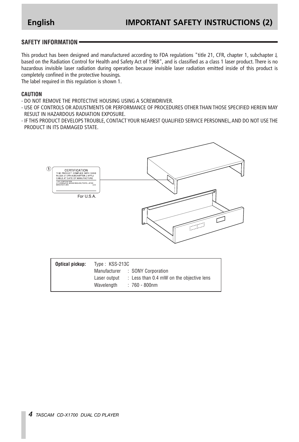 English important safety instructions (2) | Tascam CD-X1700 User Manual | Page 4 / 48