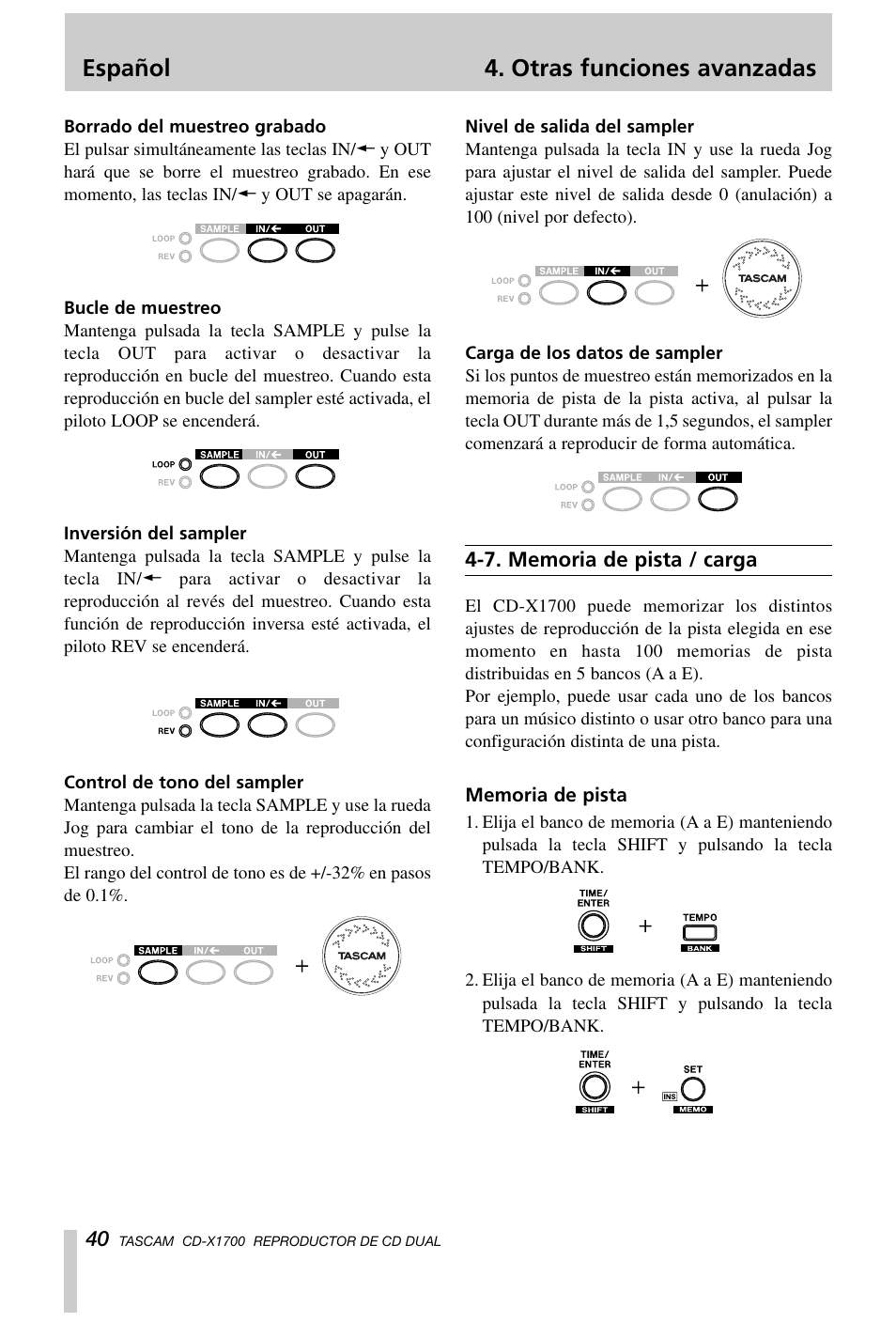 Español 4. otras funciones avanzadas | Tascam CD-X1700 User Manual | Page 40 / 48