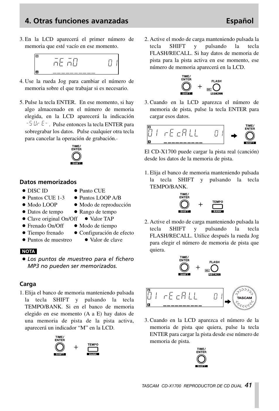 Otras funciones avanzadas español | Tascam CD-X1700 User Manual | Page 41 / 48