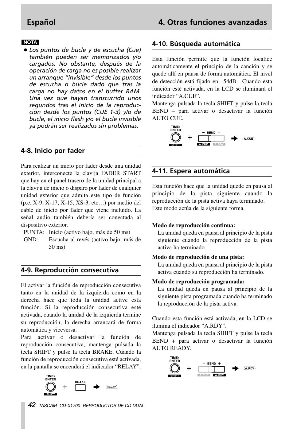 Español 4. otras funciones avanzadas | Tascam CD-X1700 User Manual | Page 42 / 48