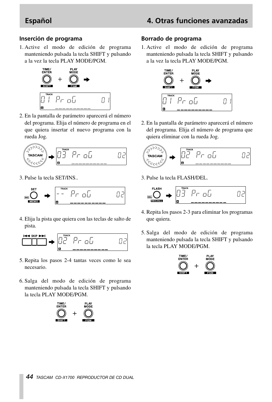 Español 4. otras funciones avanzadas | Tascam CD-X1700 User Manual | Page 44 / 48