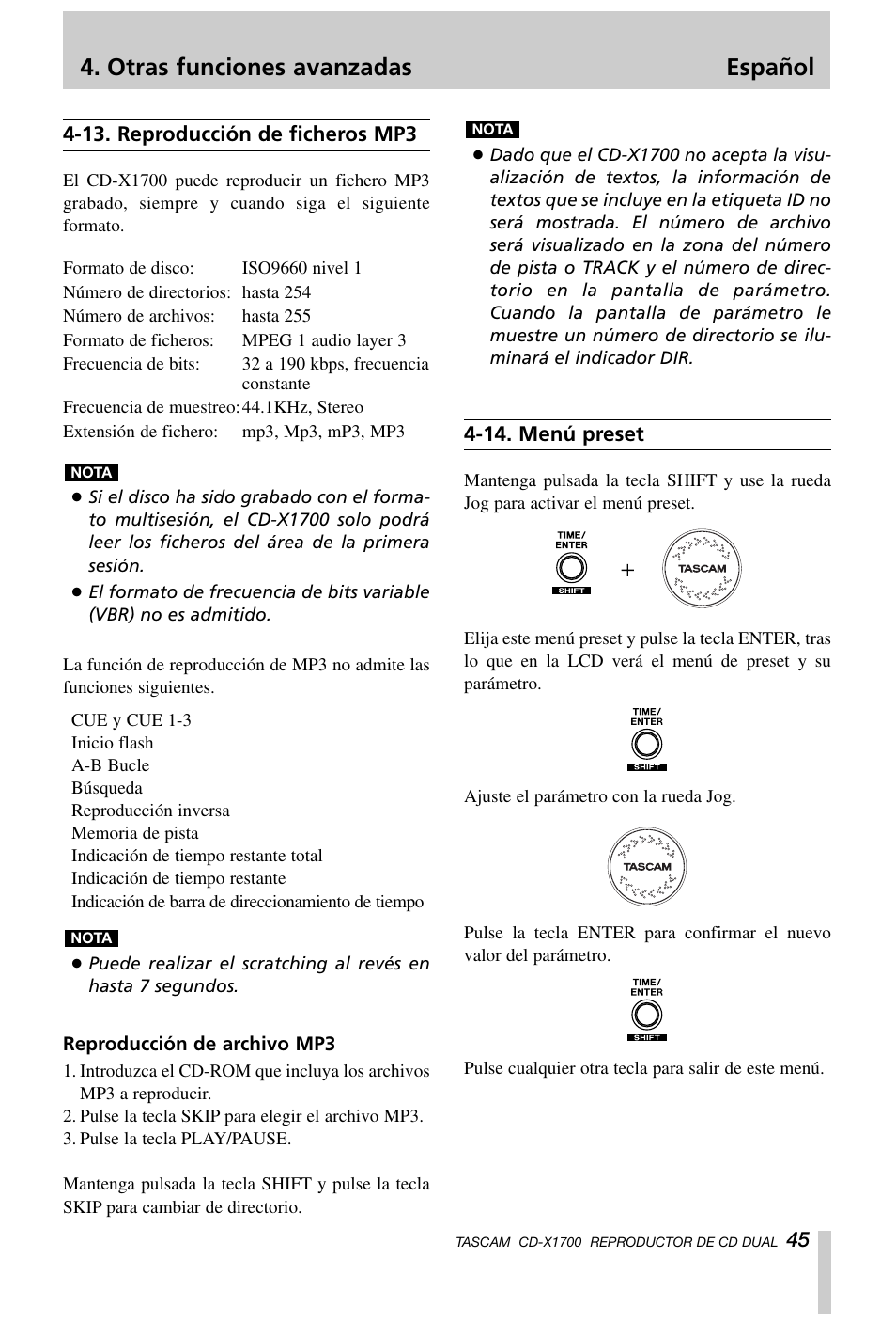 Otras funciones avanzadas español | Tascam CD-X1700 User Manual | Page 45 / 48