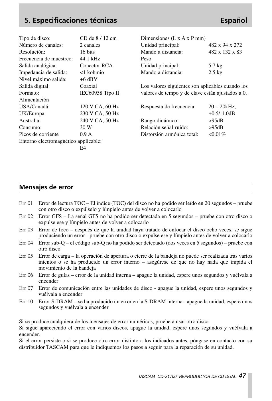 Especificaciones técnicas español | Tascam CD-X1700 User Manual | Page 47 / 48