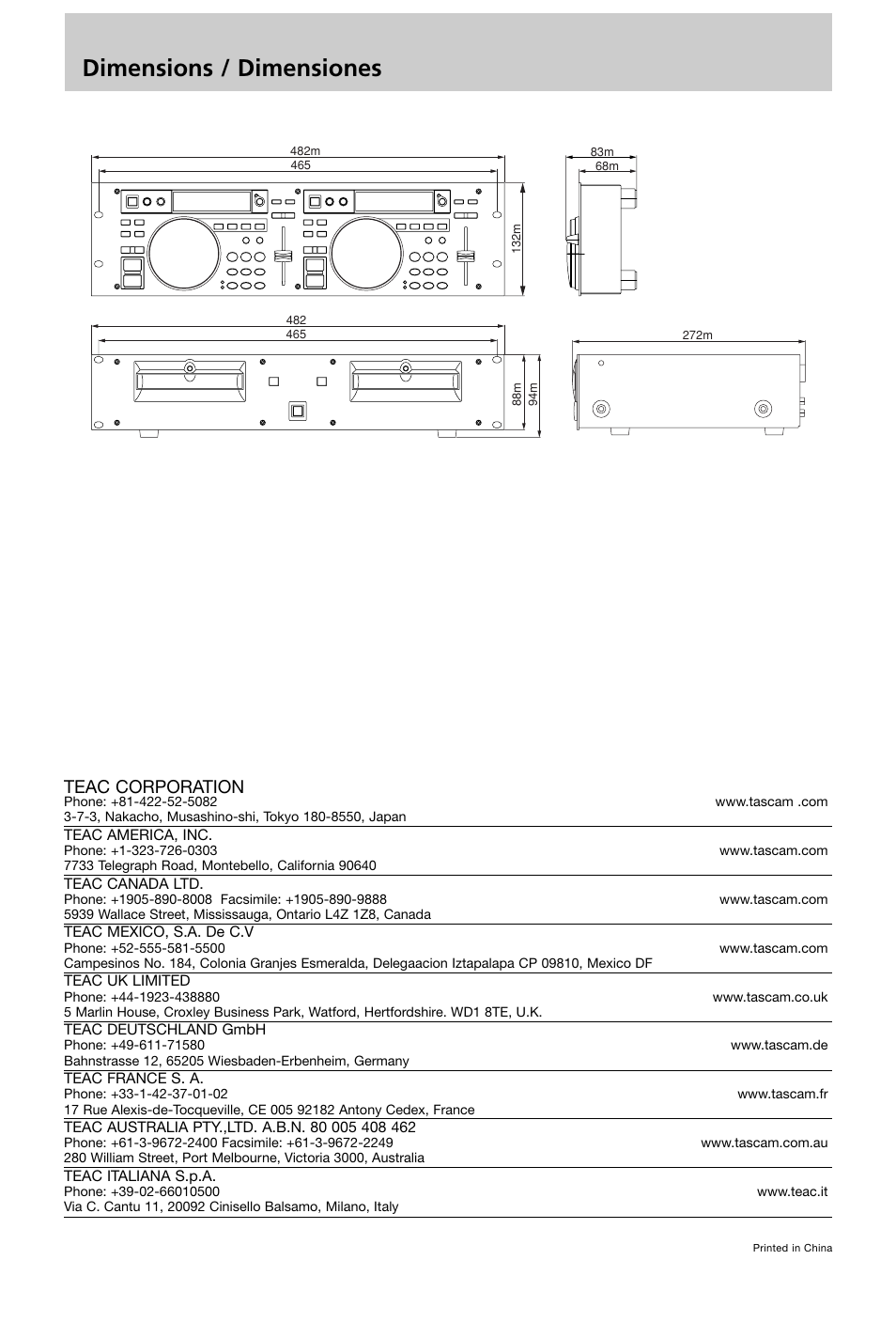 Dimensions / dimensiones, Teac corporation | Tascam CD-X1700 User Manual | Page 48 / 48