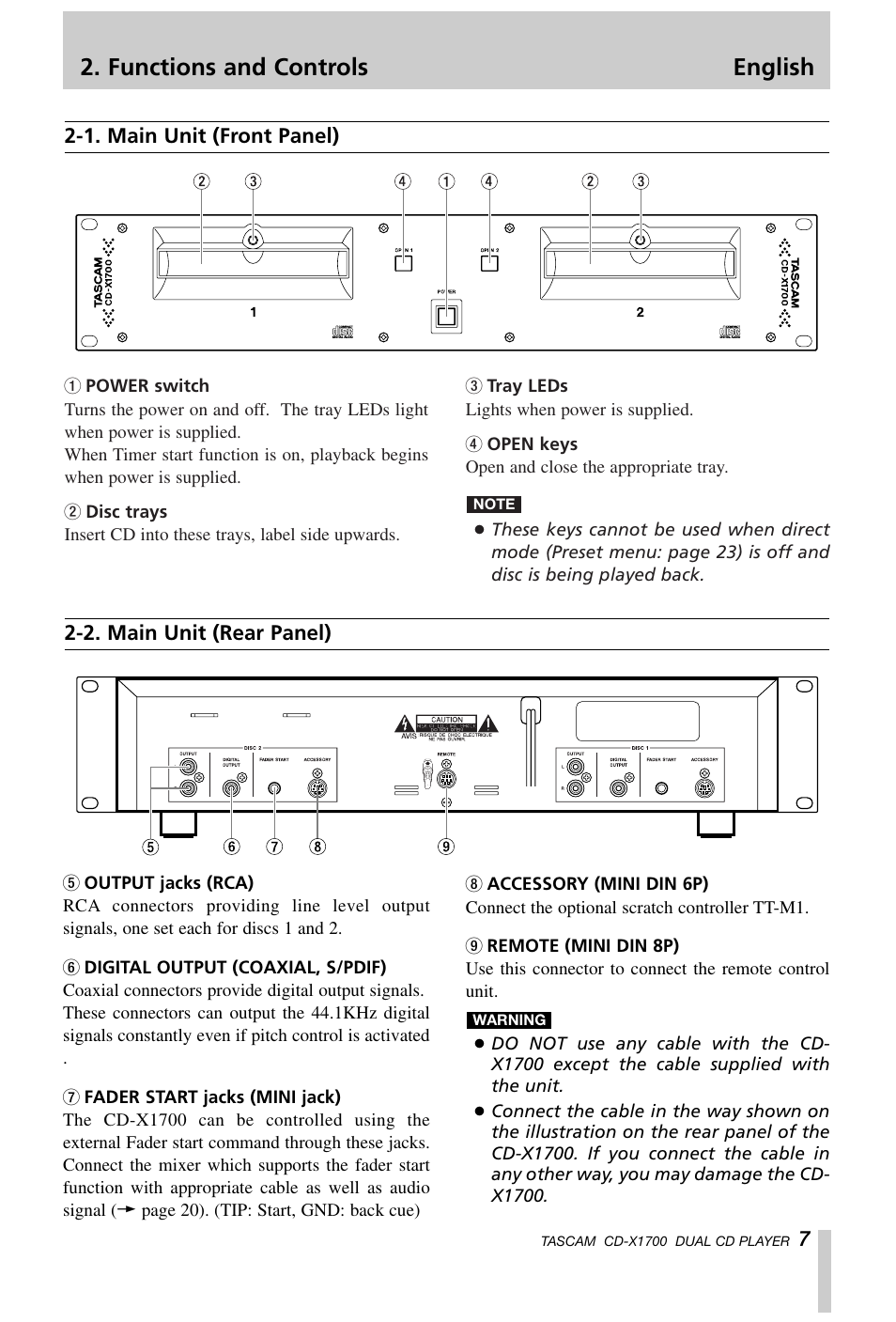 Functions and controls english | Tascam CD-X1700 User Manual | Page 7 / 48