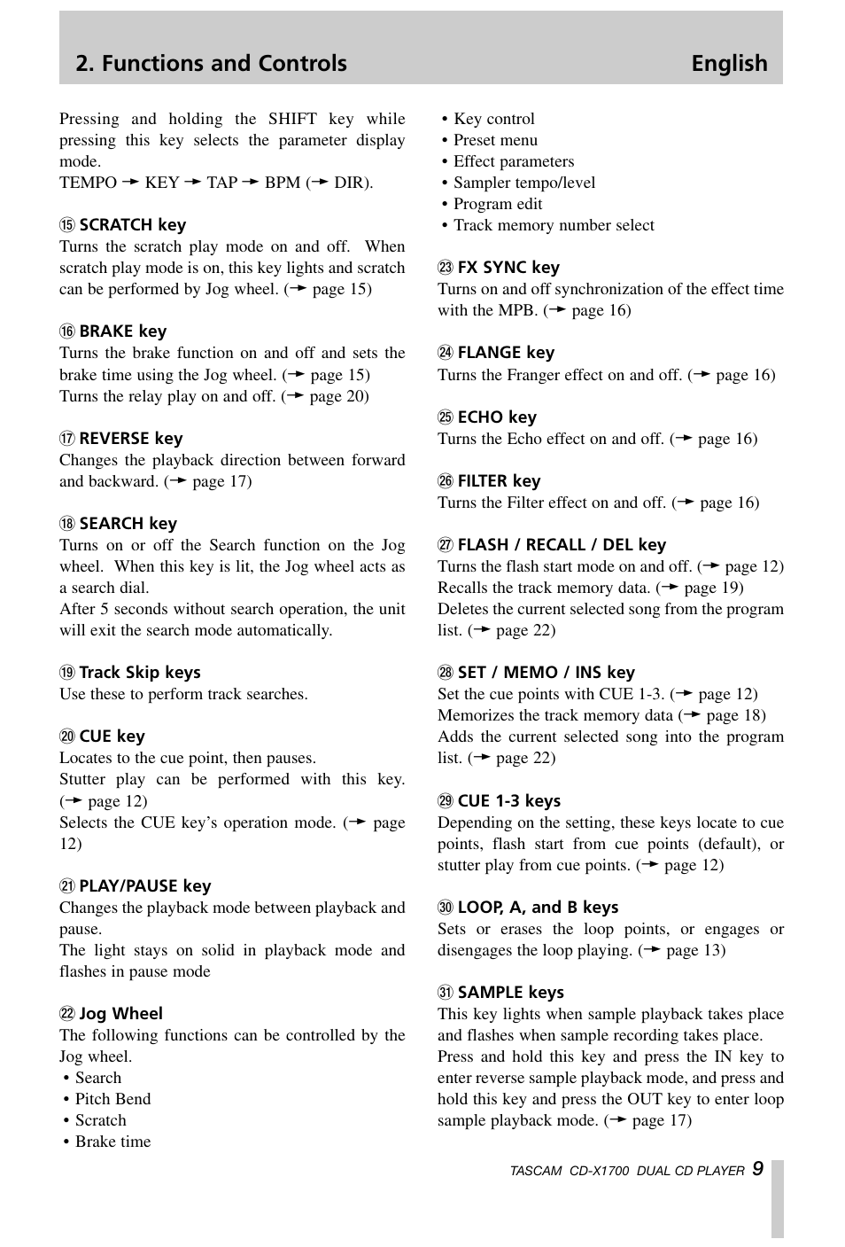 Functions and controls english | Tascam CD-X1700 User Manual | Page 9 / 48