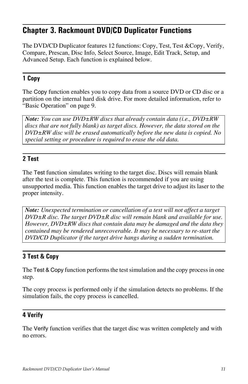 Chapter 3. rackmount dvd/cd duplicator functions, 1 copy 2 test 3 test & copy 4 verify | Tascam DV-W11R User Manual | Page 19 / 40