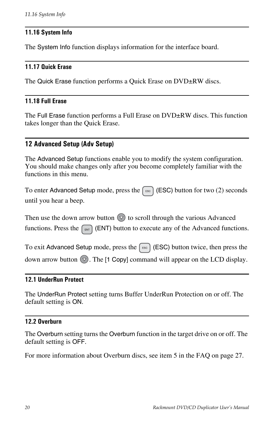 16 system info 11.17 quick erase 11.18 full erase, 12 advanced setup (adv setup), 1 underrun protect 12.2 overburn | Tascam DV-W11R User Manual | Page 28 / 40