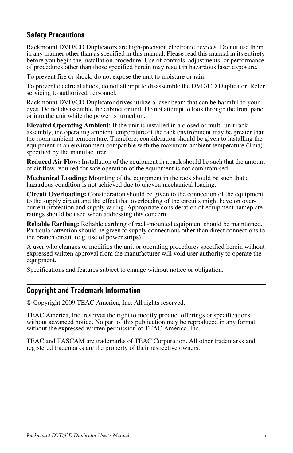 Safety precautions, Copyright and trademark information | Tascam DV-W11R User Manual | Page 3 / 40